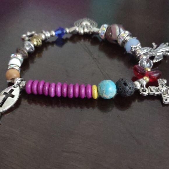 Women's Silvertone Coexist Charms with Multi Color Beaded Bracelet - Picture 3 of 7
